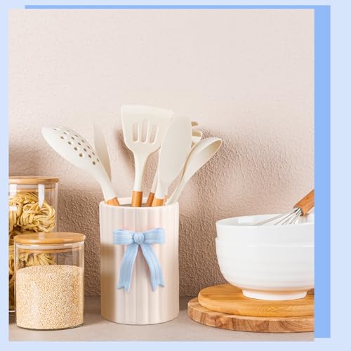 LemonRoad Blue Bow Ceramic Utensil Holder 3D Coquette Cooking Utensil Crock with Scalloped Mothers Day Kitchen Gifts Girly Aesthetic Storage Caddy Organizer Vase Decor for Kitchen Housewarming Gift - color: Blue, style: Bow