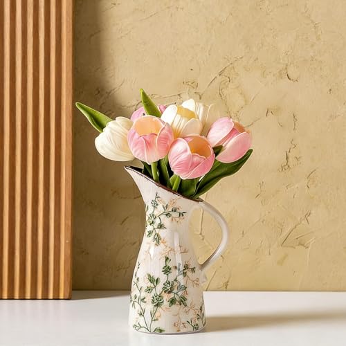for Mom from Daughter or Son, SURE YUESI 7.3” Green Handcrafted Ceramic Pitcher Vase, Vintage Pastoral Floral Vase, Farmhouse Chinoiserie Tuscan Cottage Core Rustic Table Centerpiece - color: 14-green and Beige