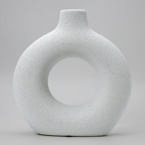 White Donut Hollow Ceramic Vase, Modern Minimalist Vase for Home Decor, Small Boho Vase for Dining Table, Desk, Farmhouse，Living Room, Handmade for Fresh/Dried Flowers - color: White D