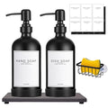 Kitchen Soap Dispenser Set with Instant Dry Tray & Sponge Holder,16 Oz Hand and Dish Soap Black Glass Dispenser Set,Stainless Steel Pump,Waterproof Labels,Luxury Soap Bottle for Bathroom - color: Black Bottle+black Pump