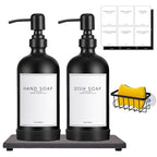 Kitchen Soap Dispenser Set with Instant Dry Tray & Sponge Holder,16 Oz Hand and Dish Soap Black Glass Dispenser Set,Stainless Steel Pump,Waterproof Labels,Luxury Soap Bottle for Bathroom - color: Black Bottle+black Pump