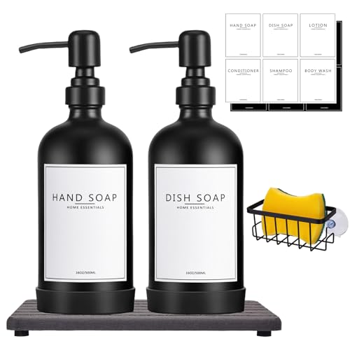 Kitchen Soap Dispenser Set with Instant Dry Tray & Sponge Holder,16 Oz Hand and Dish Soap Black Glass Dispenser Set,Stainless Steel Pump,Waterproof Labels,Luxury Soap Bottle for Bathroom - color: Black Bottle+black Pump