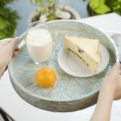 PEMAR 12.6” Mother of Pearl Round Serving Tray with Handles, Decorative Nacred Wooden Ottoman Coffee Table Tray (Teal Sunlight) - color: Teal Sunlight