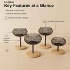 Modern Iron Mesh Candle Holder Set with Bamboo Base, Stylish Dining Table Centerpiece Decor, Lightweight Yet Sturdy Metal Votive & Tea Light Stand for Home Ambiance(Medium) - size: Medium