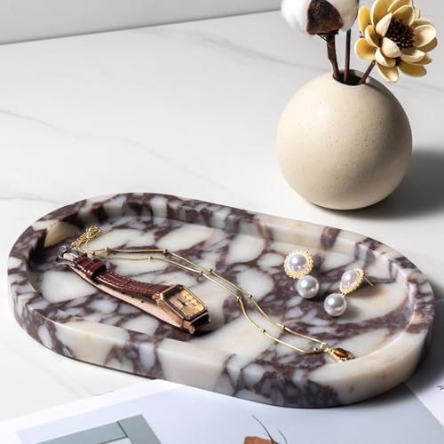 Natural Calacatta Viola Marble Tray 10"x6" - Non-Resin Bathroom Vanity Organizer & Kitchen Decor | Waterproof Oval Stone Serving Dish (Purple Portoro) - style: Calacatta Viola - 1 Pack