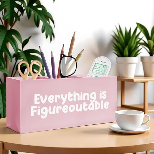 Everything Is Figureoutable Makeup Brush Toothbrush Holder, Preppy Coquette Pink Wooden Pen Pencil Holder Organizer for Dorm Bedroom Desk Accessories, Inspirational Gifts for Women - color: Color-Desk accessories pink 19