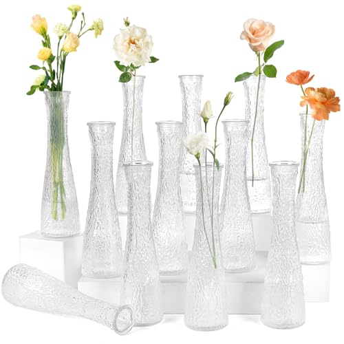 Glass Bud Vases Bulk 12 Pcs - Clear Ribbed Wedding Centerpiece Vases, Small Flower Vases for Table Decor, Party Events & Home Decor