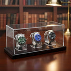 Acrylic Watch Display Case for 3 Watches with Solid Wood Base, Dustproof 3mm Clear Watch Showcase and Organizer for Men & Woman, Luxury Watch Stand - size: Display Case (No LED) For 3 Watch