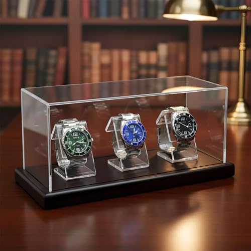 Acrylic Watch Display Case for 3 Watches with Solid Wood Base, Dustproof 3mm Clear Watch Showcase and Organizer for Men & Woman, Luxury Watch Stand - size: Display Case (No LED) For 3 Watch