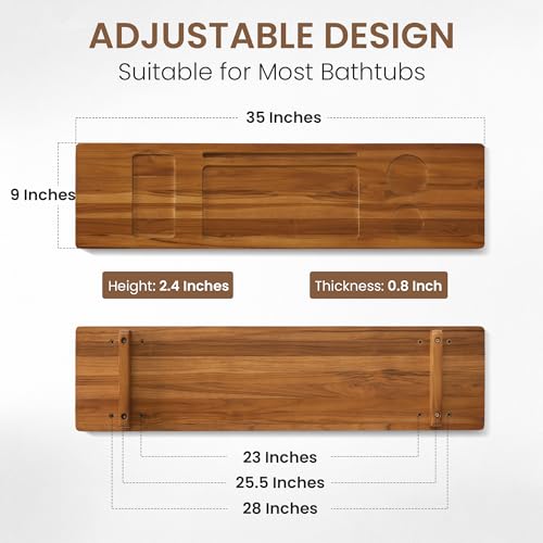 Teak Bathtub Tray - Wood Bath Caddy Tray 35" for Large Tubs - Adjustable Bathtub Table Trays - Luxury Shower Organizer for Home Spa Relaxation and Reading - Light Walnut Color - color: Light Walnut-a, size: 35" x 9" x 2.4"