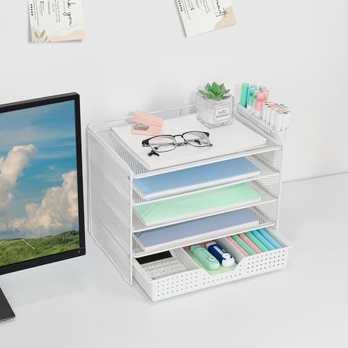 LEKETREE Desk Organizer and Accessories, 5-Tier Paper Letter Tray Organizer with Drawer & 2 Pen Holders for Desktop File Organization, Office Desk Accessories for Supplies Storage (White) - color: White, size: 12" x 8" x 10"