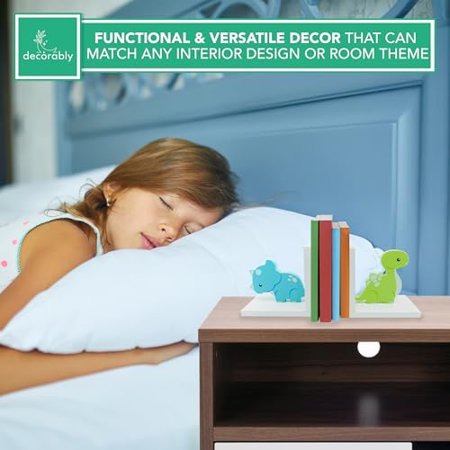 Decorably Dinosaur Book Ends for Shelves - 2-Piece Non-Skid Wooden Decorative Kids Bookends for Boys and Girls Room, Baby's Nursery, Classroom Decor - style: Baby Blue & Green