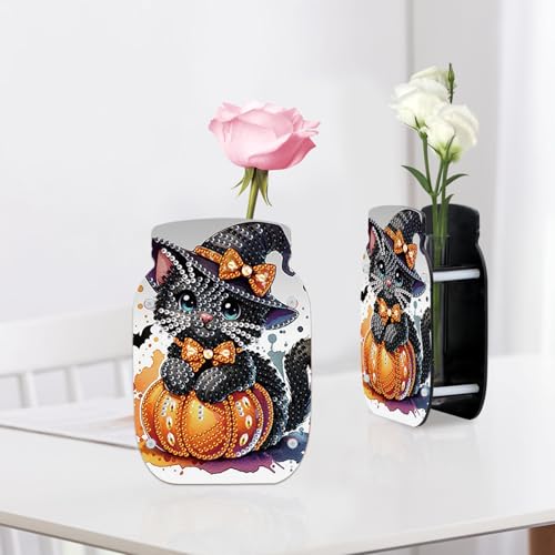 5D Diamond Painting Kit Vase, Halloween DIY cat and Pumpkin Diamond Art for Adult Beginners Acrylic Special Shaped Double-Sided Vase Handmade Crafts, Suitable for Home Living Room Desktop Decoration - color: Halloween