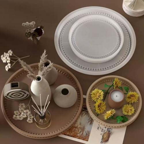 2PCS Round Resin Tray Mold with Bead Edges,Jewelry Trinket Plate Candle Holder Mold DIY Art Craft Christmas Home Decor (Round)