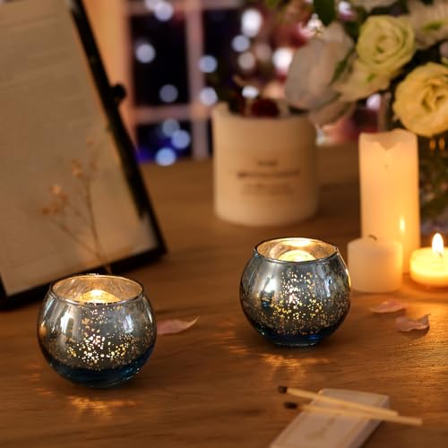 Volens Round Blue Votive Candle Holders Set of 12, Blue Wedding Centerpiece Table Decorations, Mercury Glass Tealight Candle Holder for Bridal Shower, Baby Shower & Home Decor - color: Blue