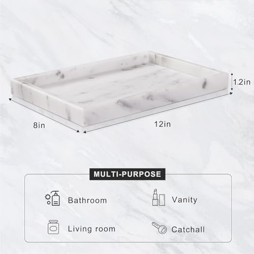 Bathroom Tray for Countertop, Marble Perfume Tray for Dresser Organizer, Marble Tray for Bathroom Counter & Home Decor, Natural Decorative Stone Vanity Trays, 12" x 8", Starry White - color: Starry White