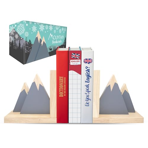 Decorably Gray Mountain Book Ends for Kids Books - 1 Set Non-Skid Wooden Decorative for Girls and Boys Room, Baby's Nursery, Classroom Decor