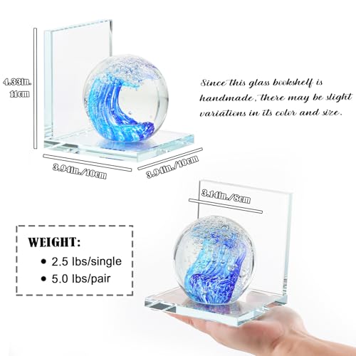 Arikyrist 1 Pair Crystal Bookends for Heavy Books with Hand Blown Ocean Waves Ball Glass Decorative Non Skid Bookends for Bookshelf Office Home (Blue) - color: Blue