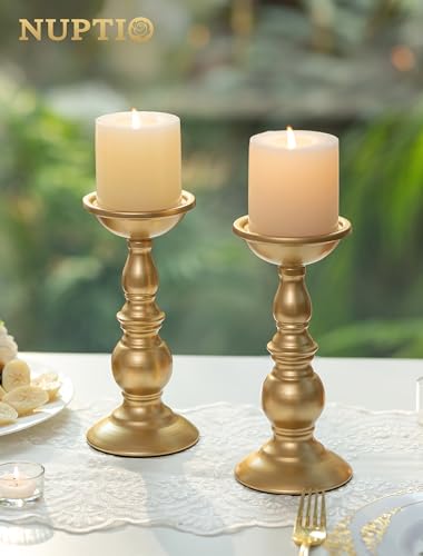 2 Pcs Gold Pillar Candle Holders, Gold Candlestick Most Ideal for 3" Pillar Candles, Gifts for Wedding, Party, Home, Spa, Reiki, Votive Candle (2 x L) - color: Gold, size: L + L