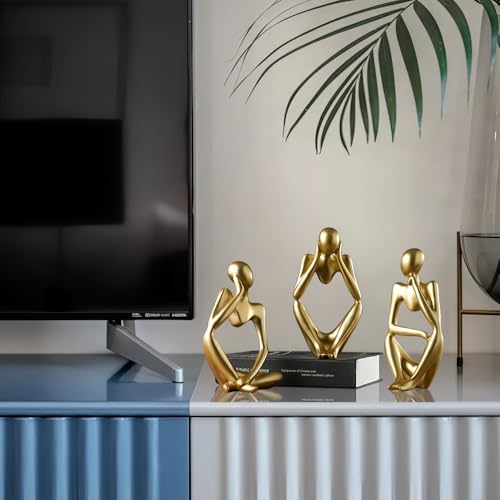 Thinker Statues Home Decor, Set of 3 Pcs Golden Resin Trendy Abstract Art Sculpture Collectible Figurines Home Office Bookshelf Bedrooms Living Room Coffee Shops Desktop Decoration Aesthetic Ornaments - color: Gold