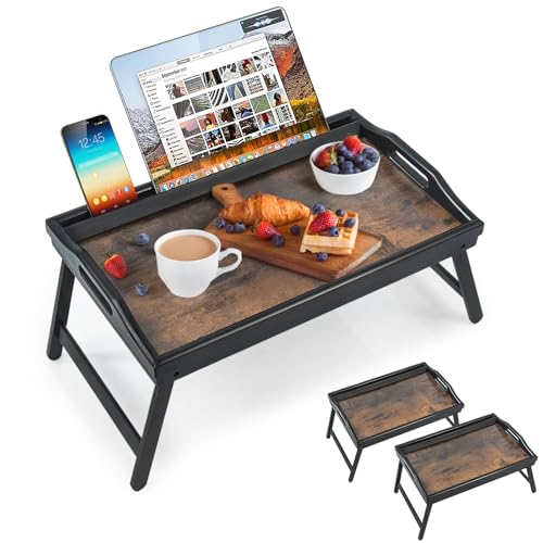 2 Pack Bed Tray Table Breakfast Trays Serving Tray Bamboo Bed Laptap Floding Legs with Handles and Phone Holders - style: 2 pack(Dark brown with black legs)