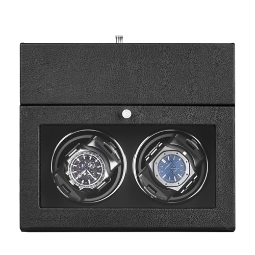 LLS Automatic Double Watch Winder with Storage Box, Japanese Quiet Motor, Adjustable Watch Pillows, Black PU Leather