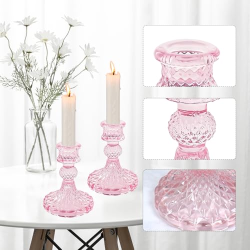 Glass Candlestick Holders Set of 2，Taper Candle Holders Fit 0.8 Inch Candles, Crystal Decorative Candle Stand Centerpiece for Table Wedding Dinning Party 4 Inch Tall (Pink) - color: Pink