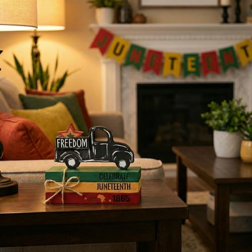 Smile Juneteenth Freedom Truck Wooden Desktop Decor - 4 Piece African American Black Pride Table Signs - Home Office Shelf Accents - Black History Month Gifts for Men, Women - style: Juneteenth
