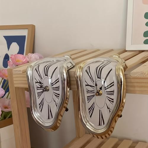 TIMEACT Melting Clock Dali Melted Clock Gift Decor Art Inspired Wall Clock Twisted Shelf Hanging Surrealist for Decorative Shop Office Home Desk Roman (Antique Gold) - color: Antique Gold