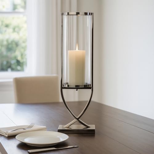 Contemporary Metal and Glass Hurricane Candle Holder - Decorative Pillar Candlestick Holder for Table Centerpiece - Elegant Home Decor Accents for Any Special Occasion Decoration - 27" Silver - color: Silver, size: 27"