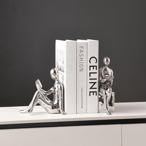 Ceramic Decorative Bookends, Book Ends for Shelves, Home Office Decor Aesthetic Statues Book Holders Stoppers for Bookshelf, Table, Bedroom Living Room Decoration (Silver) - color: Silver