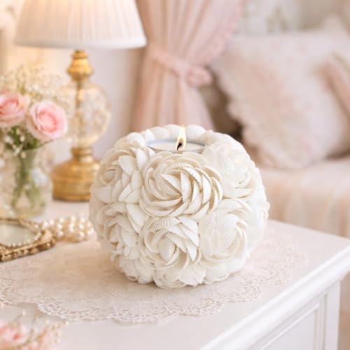 Handmade Seashell Rose Candle Holder, Natural White Shell Tealight & Votive Holder, Coastal Beach House Decor, 2 Sizes (Large (4.3 in Diameter)) - size: Large (4.3 in diameter)