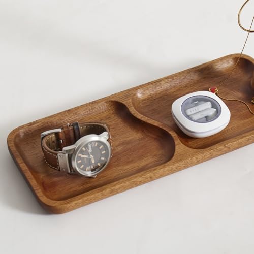 Solid Acacia Wood Key Tray and Bowl for Entryway Table - Jewelry Tray With 3 Hooks, Open Storage for Wallet, Glasses, Watches, Lipstick (Acacia, Rectangle) - color: Acacia, size: Rectangle