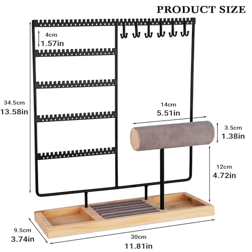 Ciormis 5 Tier Jewelry Holder Organizer, 72 Holes Earring Tree Holder Organizer 12 Hooks Necklace Rack Display Holder with Ring Storage Tray Bracelet Display Holder for Preppy Girl Friend Gift(Black) - color: Black-new
