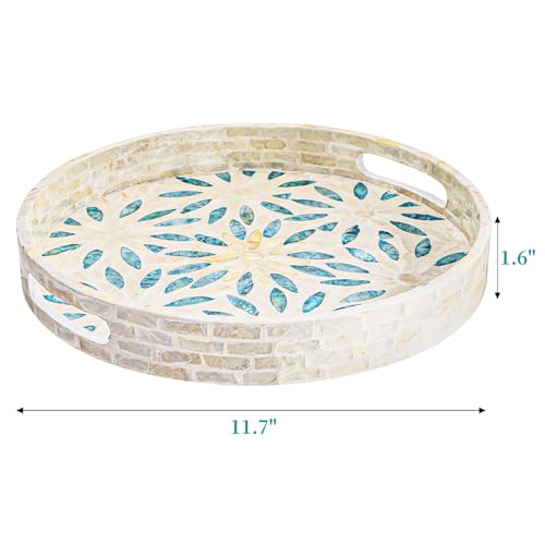 Mother of Pearl Decorative Serving Tray, 12 Inch Round Decorative Table Tray, Wood Coffee Table Ottoman Tray with Handles for Home Decor, Centerpiece Display,Tea, Breakfast