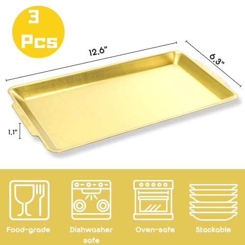 ZENFUN 3 Pack 304 Stainless Steel Serving Platters, 12.6" Rectangle Metal Dinner Plates with Handles, Decorative Organizer Trays for BBQ, Dining, Party, Buffet, Appetizer Serving(Gold)