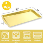 ZENFUN 3 Pack 304 Stainless Steel Serving Platters, 12.6" Rectangle Metal Dinner Plates with Handles, Decorative Organizer Trays for BBQ, Dining, Party, Buffet, Appetizer Serving(Gold)