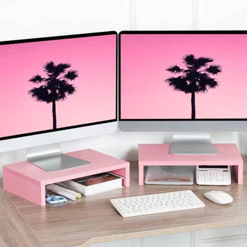 TEAMIX Pink Monitor Stand Riser-2 Pack,Wood 2 Tier Adjustable Monitor Stand Dual Monitor Riser for 2 Monitors/Laptop/PC Computer Stand for Desk - color: Pink