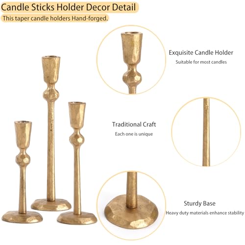 Gold Taper Candle Holders Set of 3, Heavy Candlestick Holders Decorative Candle Stand for Table Centerpiece, Cast Iron Candle Stick Holder Decor - color: Antiqued Gold 3