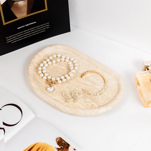 Natural Travertine Tray, Special-Shaped Jewelry Tray, Marble Ring Dish for BathroomCountertop, Nightstand,Dressing Table, Bedside Table, Home Decor, Beige(Middle)(NS025) - size: 9.1" x 6.3" x 0.6"
