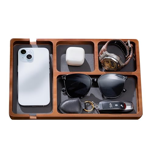 Shinpuru Wooden Valet Tray for Men, Nightstand Organizer with Leather Inlay, EDC Essentials Catchall Tray for Keys, Phone, Wallet, Watch, Earbuds - Bedside Desk Entryway Tray (Wood) - color: Brown
