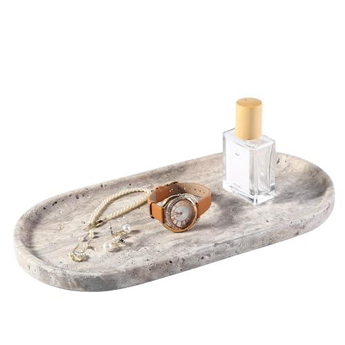 Koville Natural Travertine Tray for Bathroom Countertop, 12"x6" Vanity Decorative Marble Tray for Perfume, Candles, Jewelry, Stone Catchall Trays Jewelry Dish, Silver Stone Trays for Kitchen Counter - color: Travertine Silver, size: 12" x 6" x 0.7"