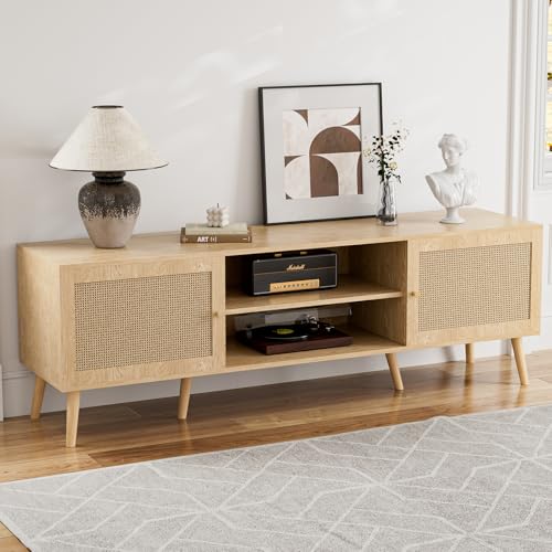TV Stand for TVs up to 60 Inch, Modern Entertainment Center with Storage, Media Console Table with 2 Cabinets & Shelves, Wooden TV Stand for Living Room Bedroom, Natural - color: Natural
