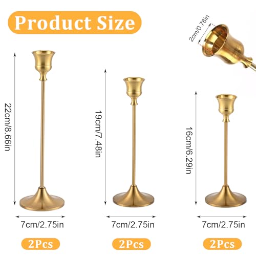 6Pcs Candlestick Holders,Brass Gold Metal Taper Candle Holder for Pillar Candles Sticks Holder for Wedding Fireplace Table Centerpiece Mantel Housewarming Gift - color: Gold