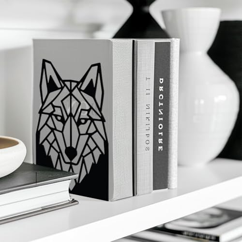 Peacoblue Metal Bookends for Shelves, Modern Decorative Heavy Duty Study Book Support Stoppers for Office, Desk, Shelf, Room 5.3"x4.3"x7.5" Cast Iron Simple Tall Bookends, 1 Pair (Geometric Wolf Head) - style: Geometric Wolf Head