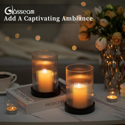 Glasseam Glass Hurricane Candle Holder: Black Pillar Candle Holders Set of 2 Ribbed Clear Glass Cover with Metal Candle Tray Modern Candle Holders for Table Centerpiece Living Room Fireplace Decor - color: Black