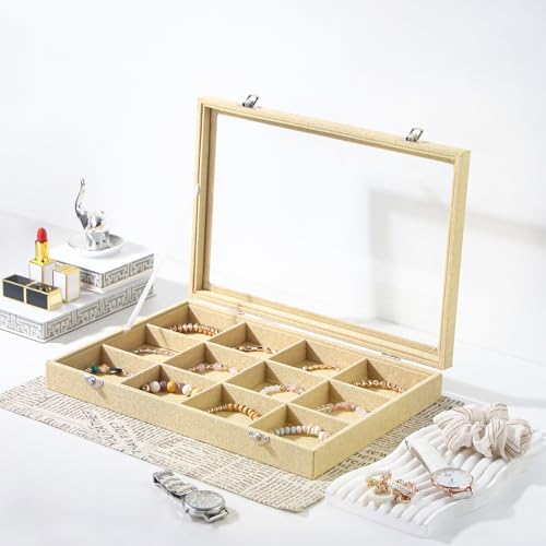 Coward Jewelry Organizer Box, Yellow Linen 12 Grids Bracelet Bangle Necklace Jewelry Display Tray Case with Transparent Glass Lid for Home Drawer Desk or Store Selling Show - color: Yellow Linen, size: 12Grids Box