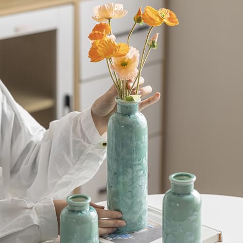 Modern Ceramic Vase Set of 3, Green Crystalline Glaze Colors, Decorative Bottles for Home, Farmhouse Rustic Decor Housewarming Gifts, Wedding Gifts, Birthday Gifts for Women(Crystalline Glaze Green) - color: Crystalline Glaze Green