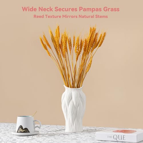 White Ceramic Vase with Reed-Inspired Texture - 9" Unique Flower Vase for Pampas Grass & Centerpieces, Decorative Boho/Farmhouse Vase for Living Room,Office Desk & Housewarming Gift (for Her/Yourself) - color: Reed-inspired