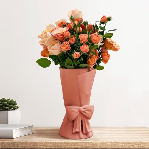Relexome Pink Ceramic Bow Vase 9.64 in Unique Cute Modern Decorative Bouquet Flower Vases for Home Living Room Table Decor Women Girl Gifts - color: Pink